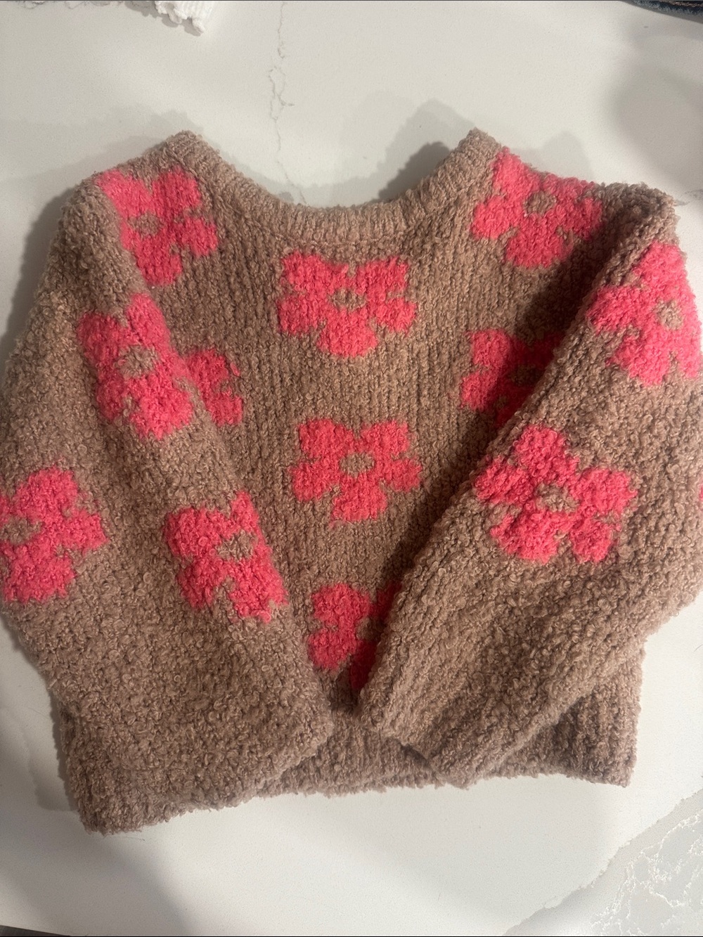 Zara Bouclé Crewneck Sweater in Brown with Pink Floral Motif